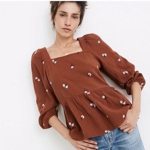 Madewell Amie Floral Embroidered Lightspun Millbrook Puff-Sleeve Peplum Top